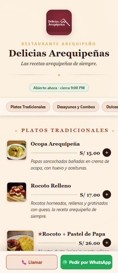 Ejemplo de carta digital vista en un celular, con platos, precios y botón de pedido por WhatsApp