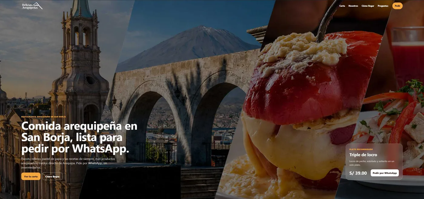 Web real de Delicias Arequipeñas hecha con Provoca: portada con fotos del local y del plato recomendado, y botón para pedir por WhatsApp