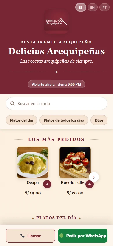 Ejemplo real de una carta digital hecha con Provoca: platos con foto, descripción y precio, lista para pedir por WhatsApp